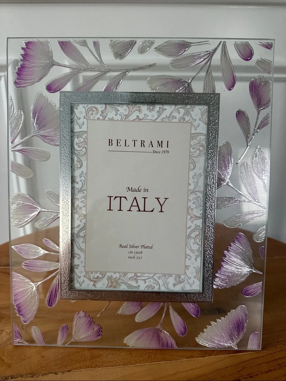 Beltrami Made in Italy Silver Plated Ornate Floral 5 x 7 Portrait Photo Frame